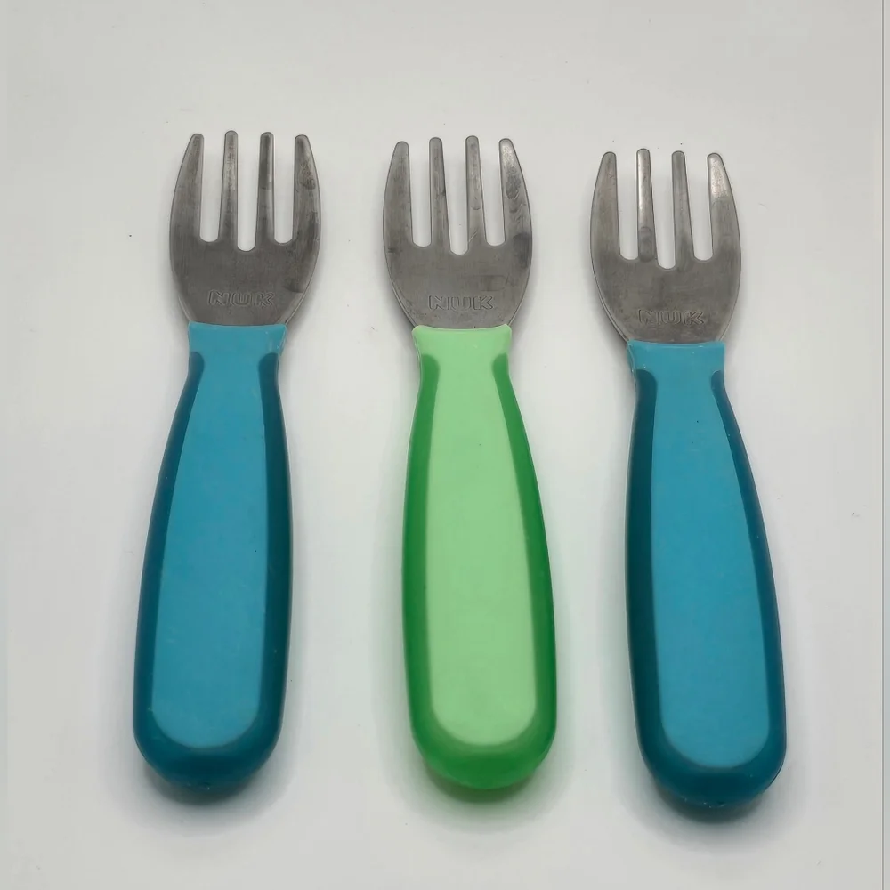 NUK Kiddy Cutlery Forks, Durable Stainless 3 Count Blue + Green GUC - Picture 3 of 3